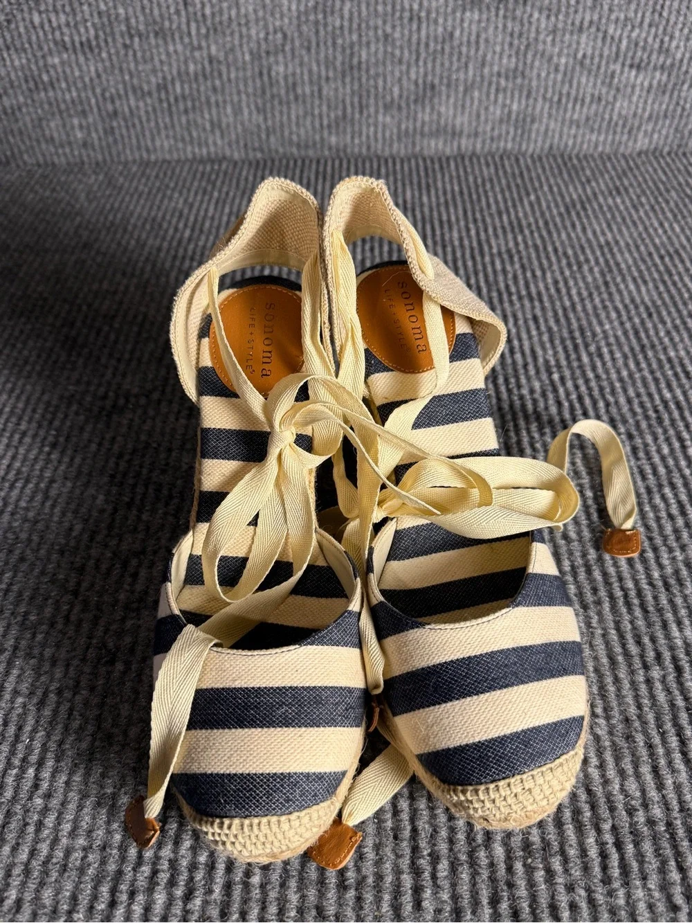 Sonoma Striped Navy and Cream Espadrille Wedge Sandals with Ankle Tie Size 8